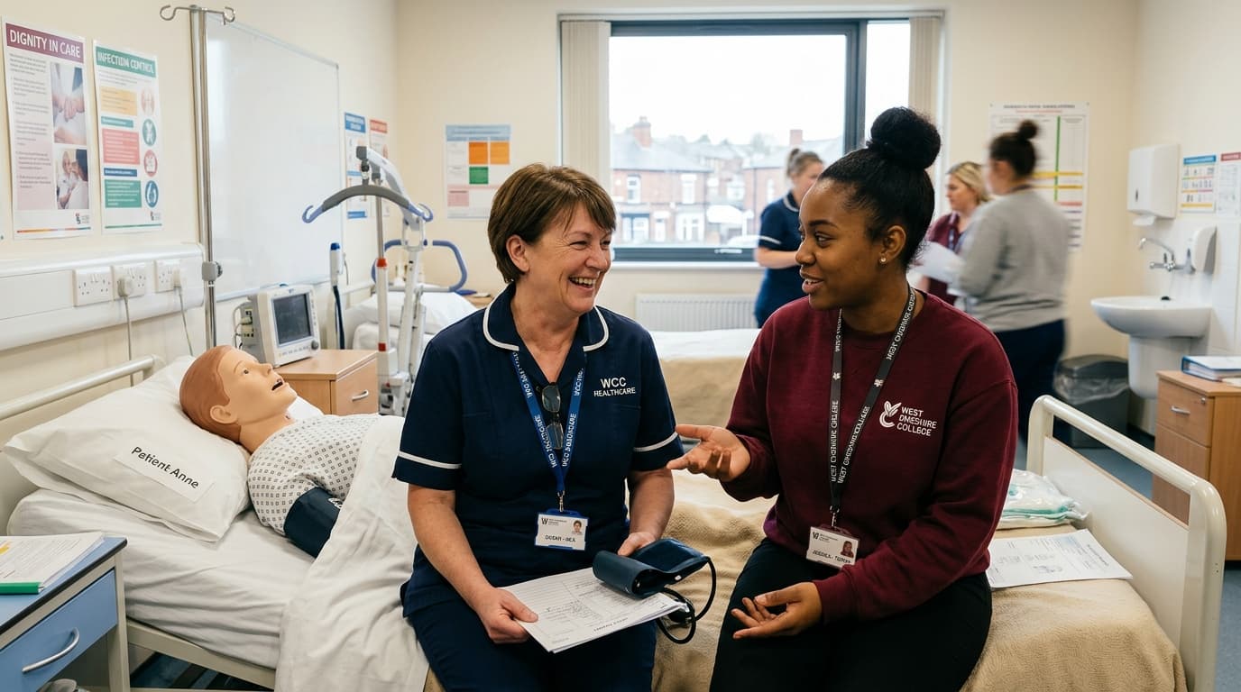 Adult care learner in clinical study environment with course materials